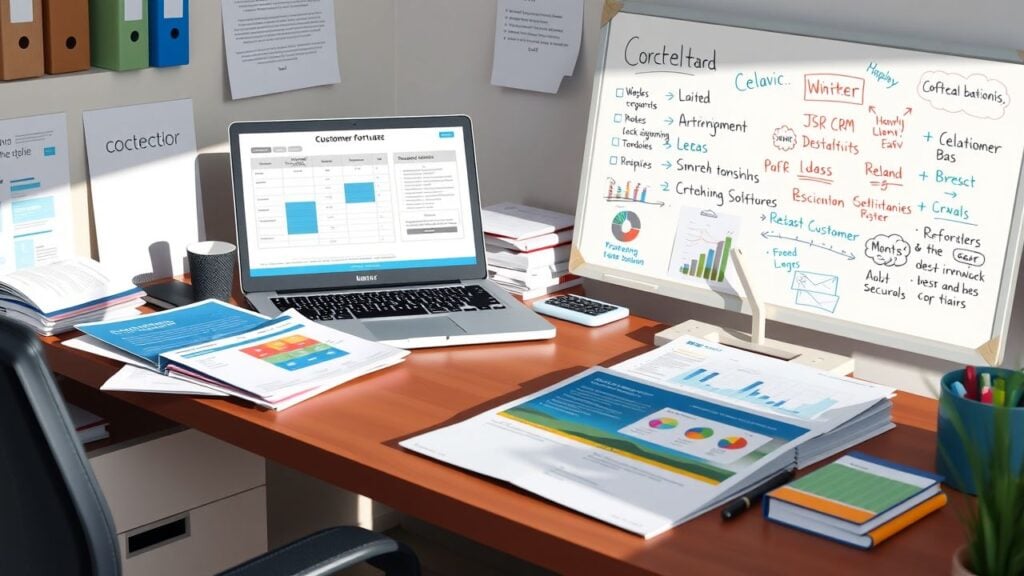 Een rommelig kantoor met CRM-softwarebrochures, een laptop en ideeën op een whiteboard.