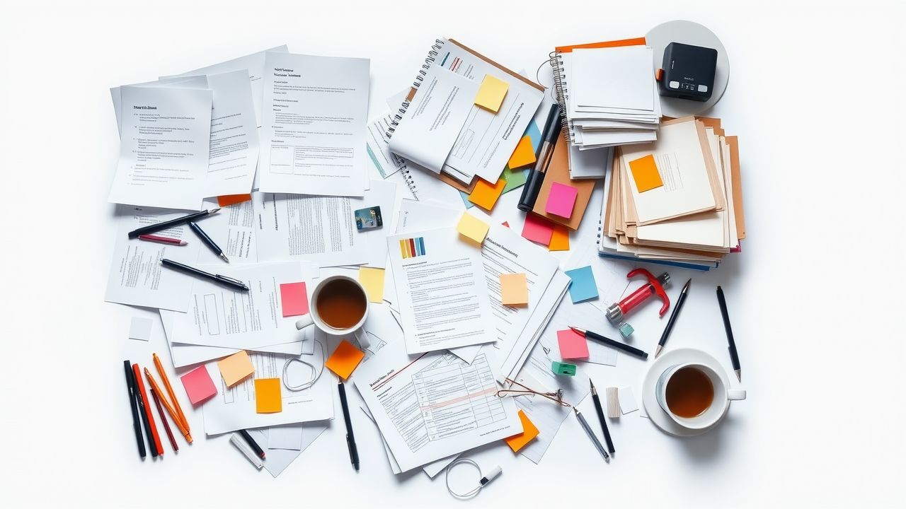 Een rommelig kantoorbureau met klantrelatiebeheersmateriaal.