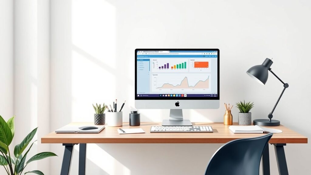 Een modern kantoor bureau met CRM software en kantoorbenodigdheden.