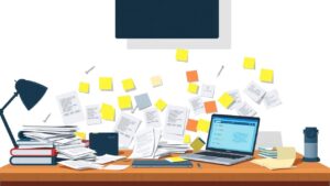 Een rommelig bureau toont de noodzaak van een efficiënt CRM-systeem.