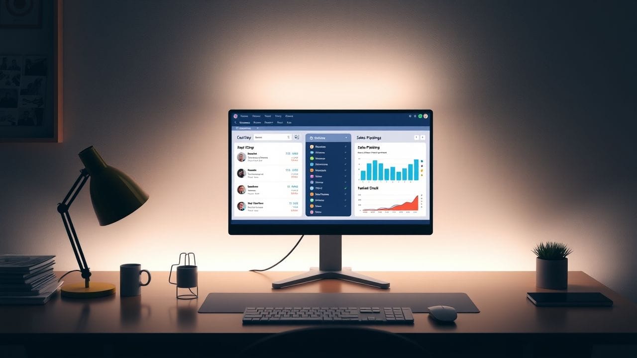 Een opgeruimd bureau met CRM-software op de computer.