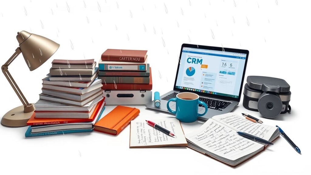 Een rommelig bureau met CRM-boeken, laptop, koffiemok en notitieblok.