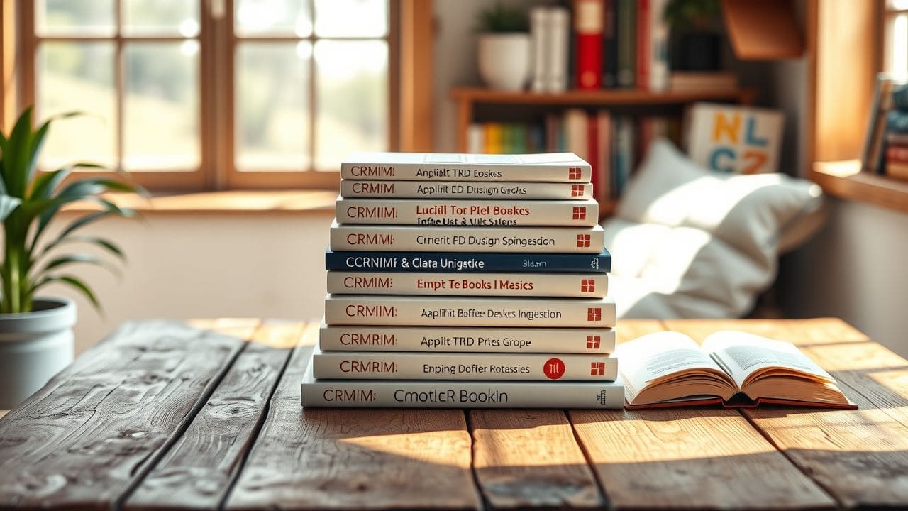 Een stapel CRM-boeken op een rustieke tafel in een gezellige leeshoek. Een stapel CRM-boeken op een rustieke tafel in een gezellige leeshoek.