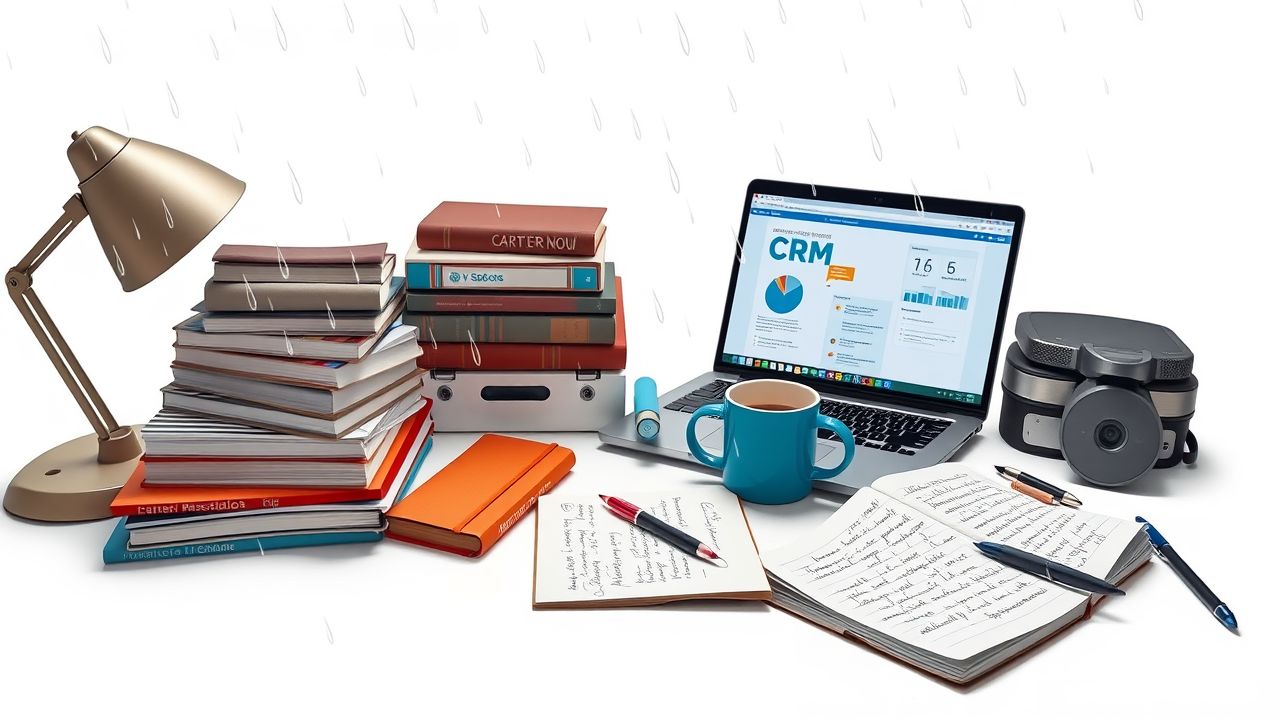 Een rommelig bureau met CRM-boeken, laptop, koffiemok en notitieblok.