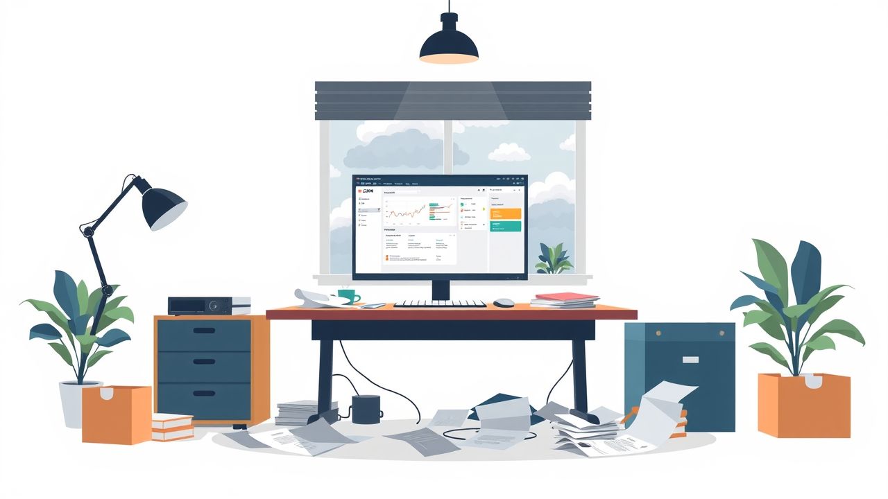 Een rommelig kantoor met een drukke CRM-systeem interface op de computer.