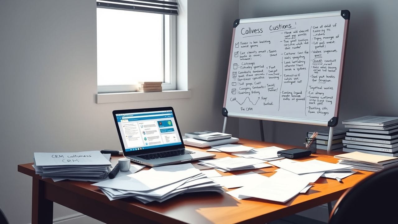 Een rommelig kantoorbureau met CRM-systeem, laptop en whiteboard.