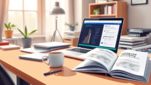 Een gezellig kantoor met een rommelig bureau en CRM-software.