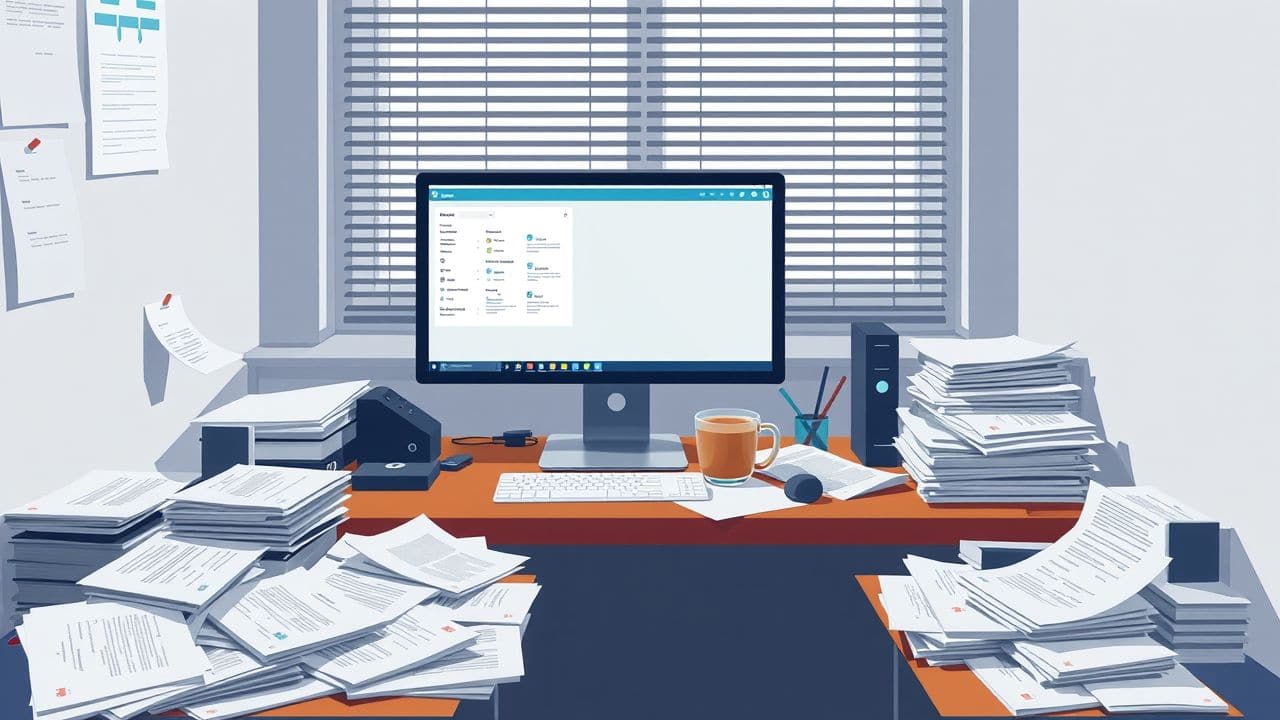 Een rommelig kantoor met een computer en koffiebeker op het bureau.