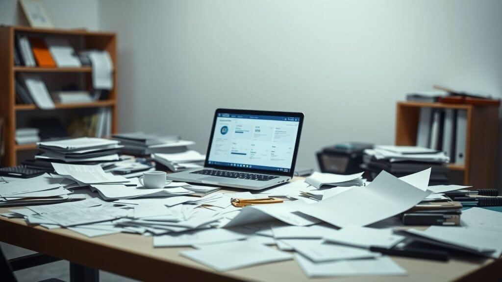 Een rommelig bureau met verspreide documenten en open laptop.