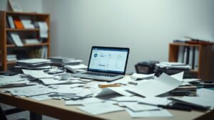 Een rommelig bureau met verspreide documenten en open laptop.