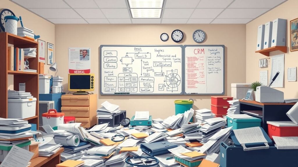 Een rommelige medische werkplek met verspreide apparatuur en papieren.