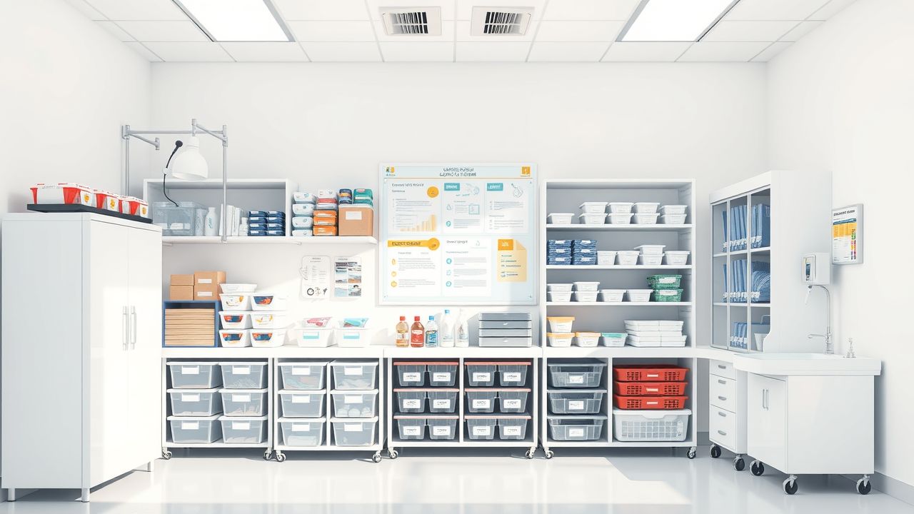 Een goed georganiseerde medische voorraadkamer met duidelijke labels en efficiënte opslagsystemen.