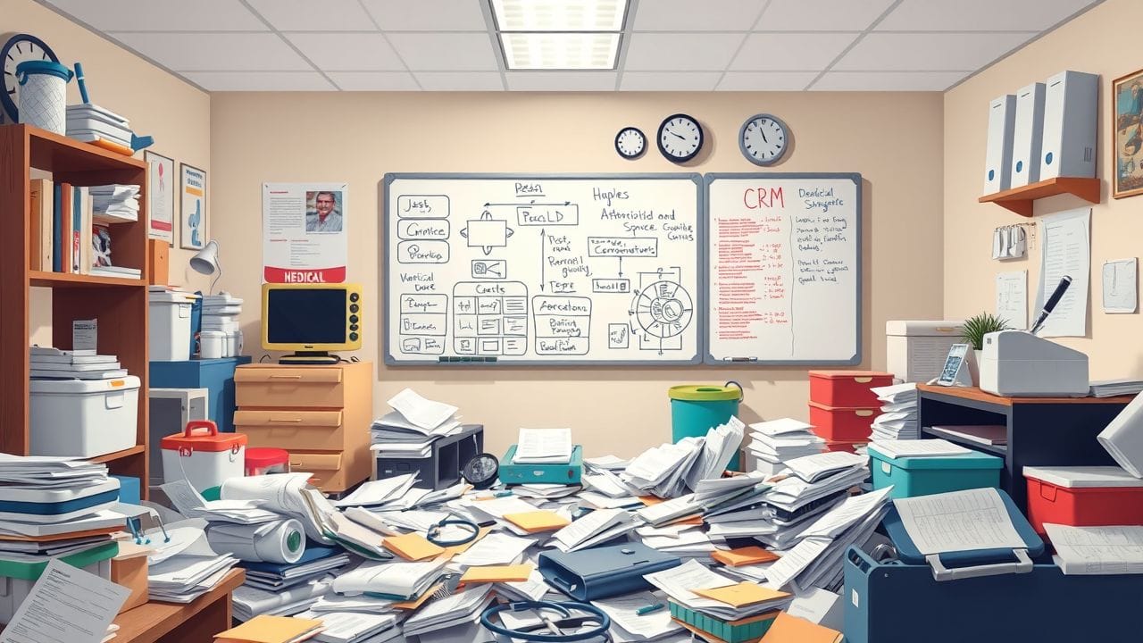 Een rommelige medische werkplek met verspreide apparatuur en papieren.