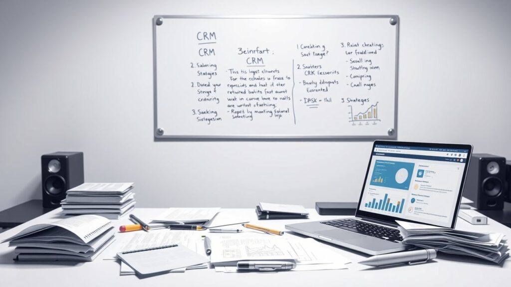 Een rommelig kantoor met CRM-software en aantekeningen op een whiteboard.