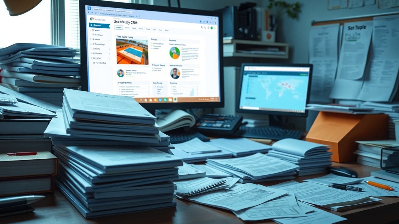 Een rommelig kantoorbureau met CRM-softwarehandleidingen en notitieblokken. Een rommelig kantoorbureau met CRM-softwarehandleidingen en notitieblokken.