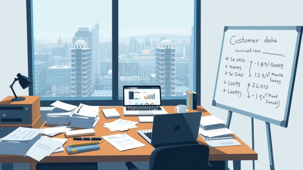 Een rommelig kantoorbureau met open laptop en klantgegevens op whiteboard.