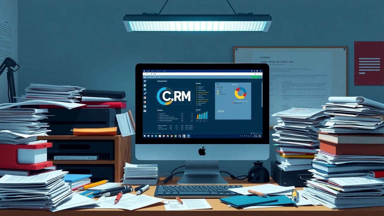 Een rommelig kantoorbureau met CRM-software op computer.