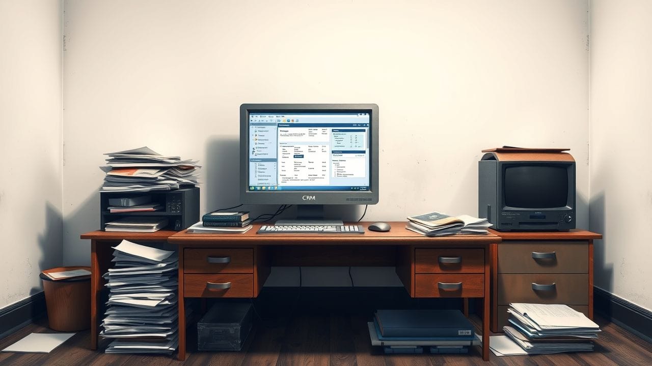 Een verwaarloosd kantoor bureau met ouderwetse computer en rommelige papieren.