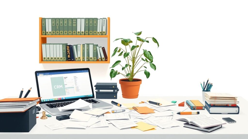 Een rommelig kantoorbureau met CRM-software, kantoorbenodigdheden en verwaarloosde plant.