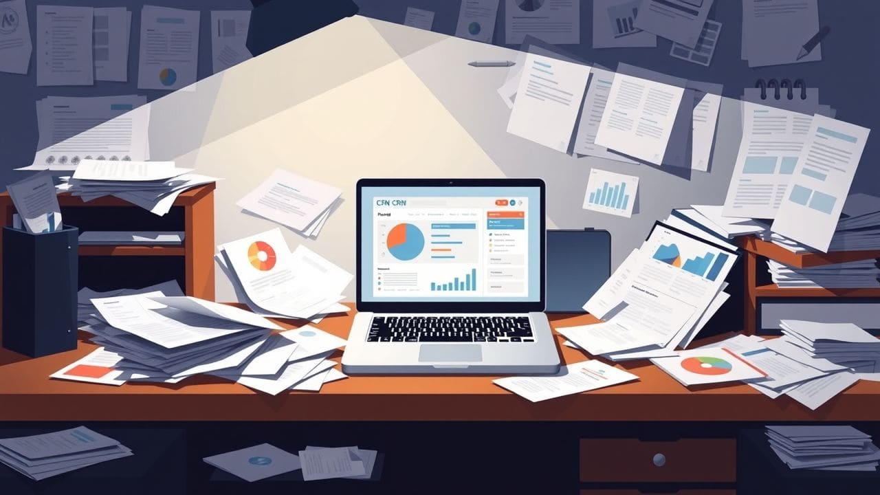 Een rommelig kantoorbureau met een laptop en verspreide papieren.