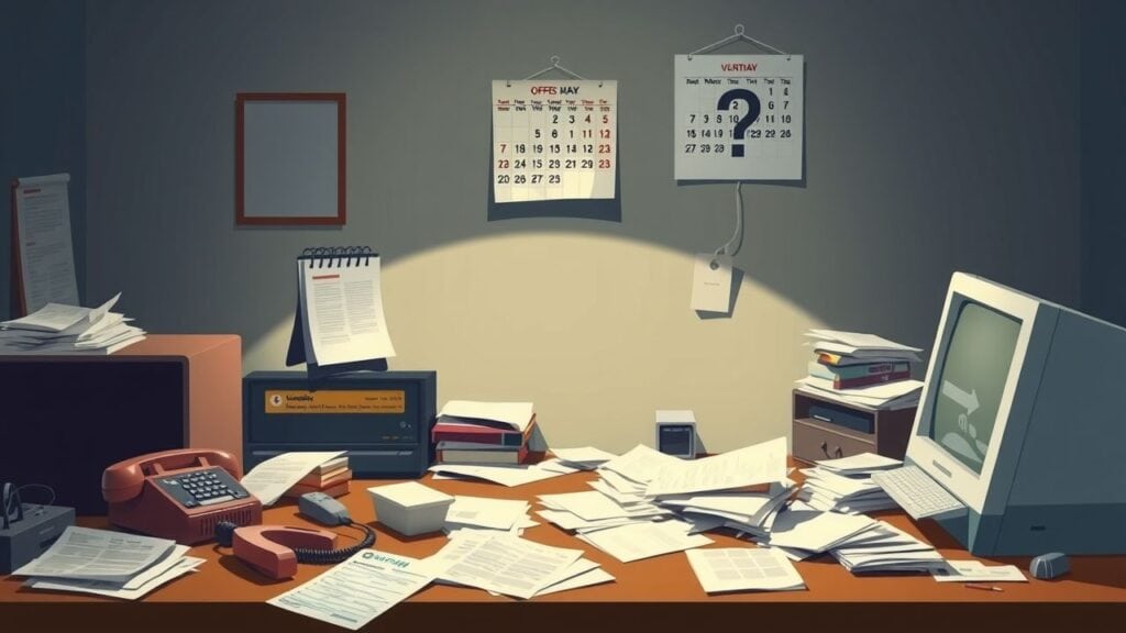 Een rommelig bureau met verouderde technologie en een achterstallige CRM-implementatie.