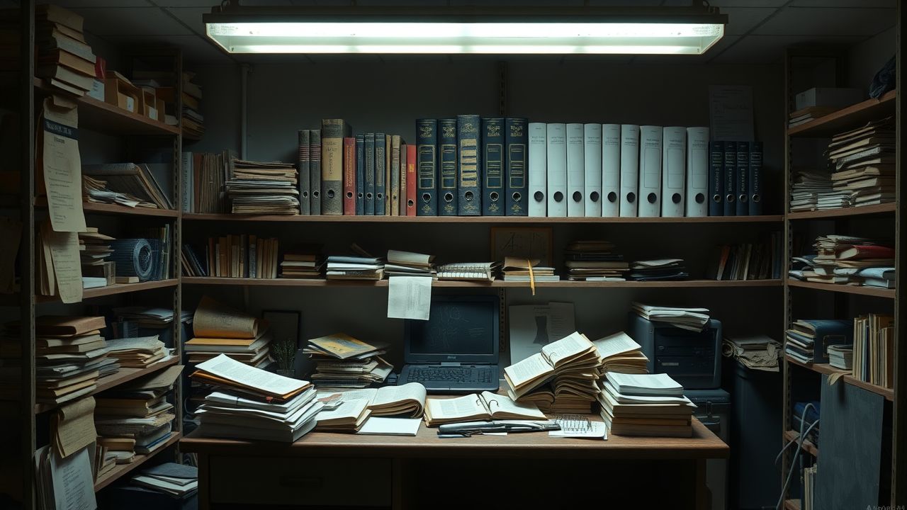 Een rommelig en verouderd kantoorbureau met stapels papier en spullen.