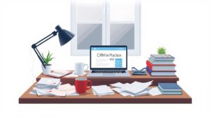 Een rommelig bureau met een laptop en papieren.