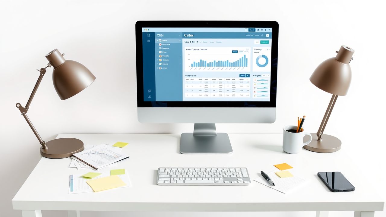 Een opgeruimd kantoorbureau met een CRM-systeemscherm, koffiekop en notities.