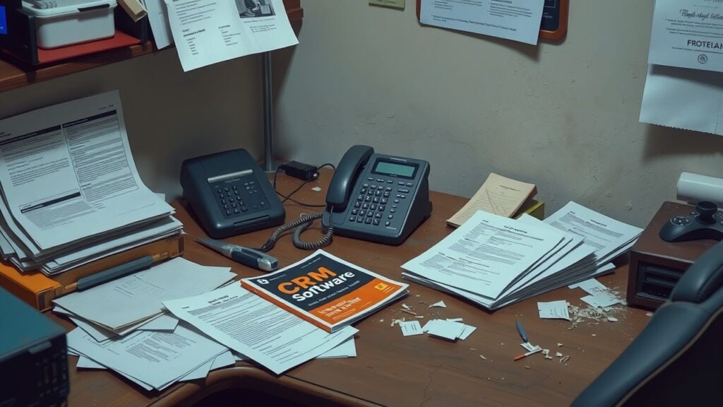 Een rommelig kantoor met een oude bureau en veel papierwerk.