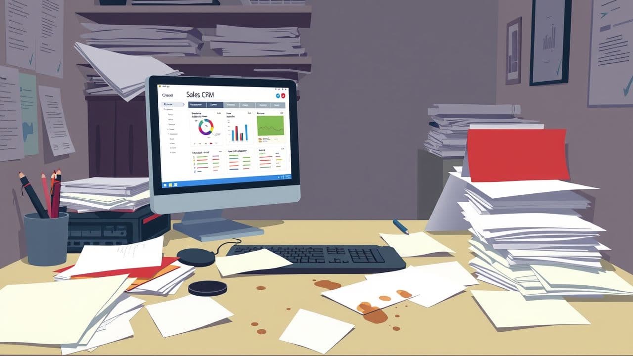 Een rommelig kantoor met een sales CRM dashboard op de computer.