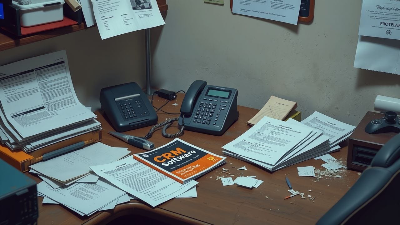 Een rommelig kantoor met een oude bureau en veel papierwerk.