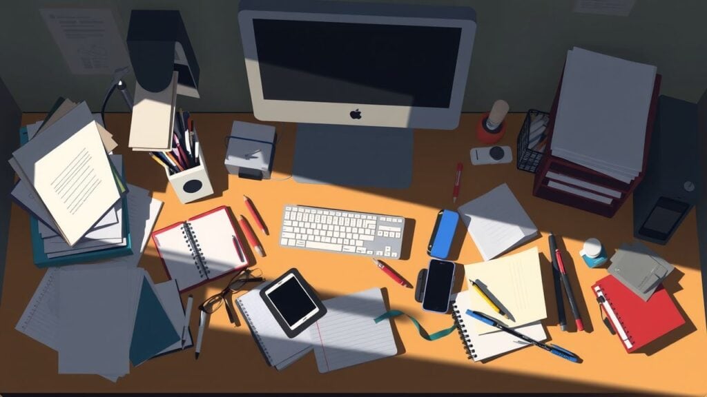 Een rommelig kantoorbureau met computer, telefoon en notitieboeken.