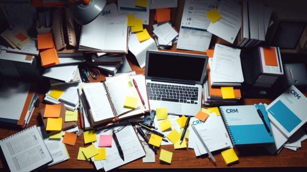 Een rommelig kantoorbureau met CRM-gerelateerde items.