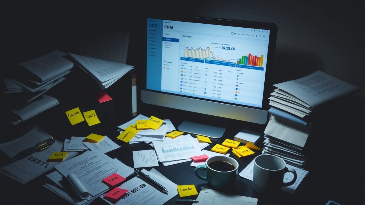 Een rommelig kantoorbureau met een CRM systeem dashboard en papieren.