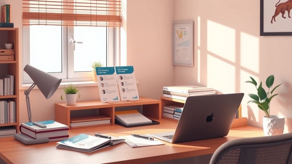 Een opgeruimde thuiswerkplek met CRM-software brochures, notitieboeken en laptop.