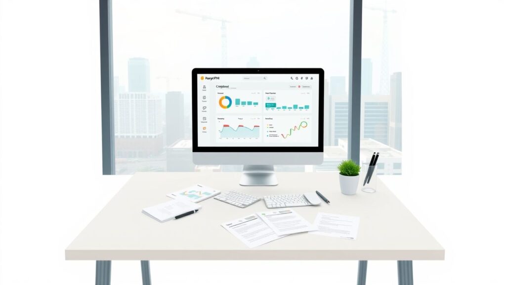 Een opgeruimd kantoorbureau met computer en CRM-dashboard.