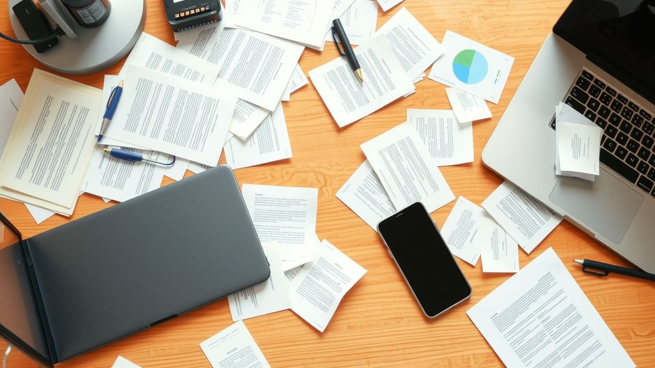 Een rommelig bureau met een smartphone, laptop en papieren.