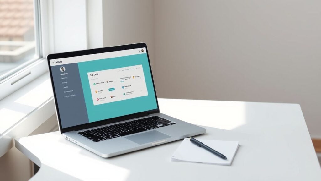Een laptop toont een modern CRM-software interface op een kantoorbureau.