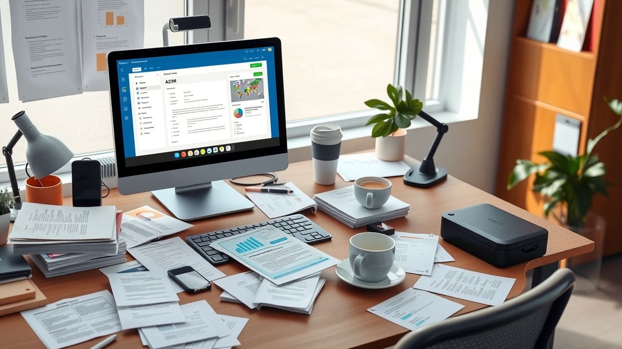 Een modern kantoorbureau met een rommelig maar productief gevoel.