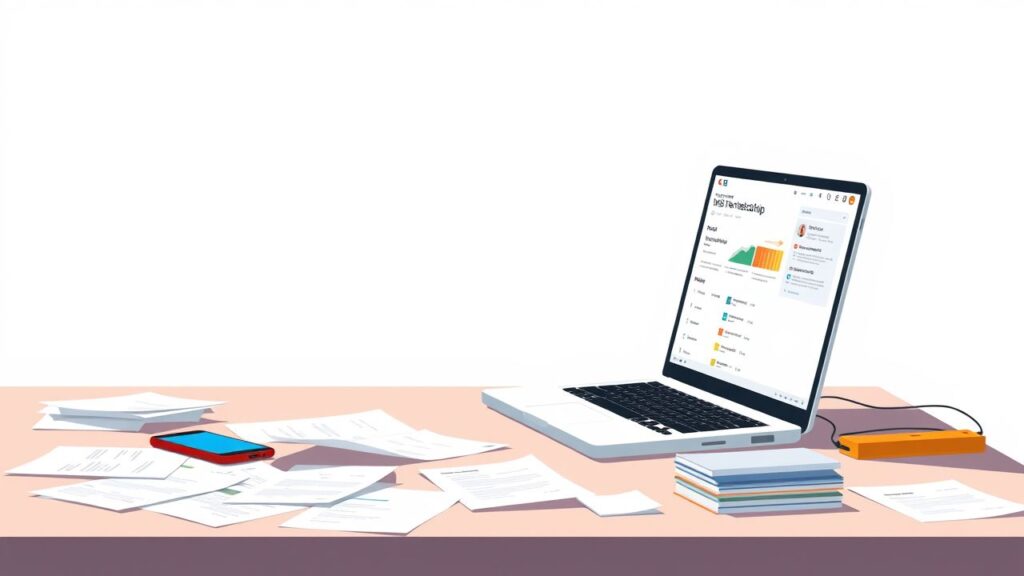 Een rommelig kantoorbureau met een open laptop en CRM-software.