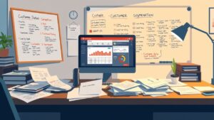 Een druk kantoor met rommelig bureau, computer en telefoon.