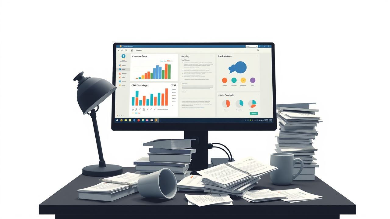 Een rommelig bureau in een donker kantoor met computer en papieren.