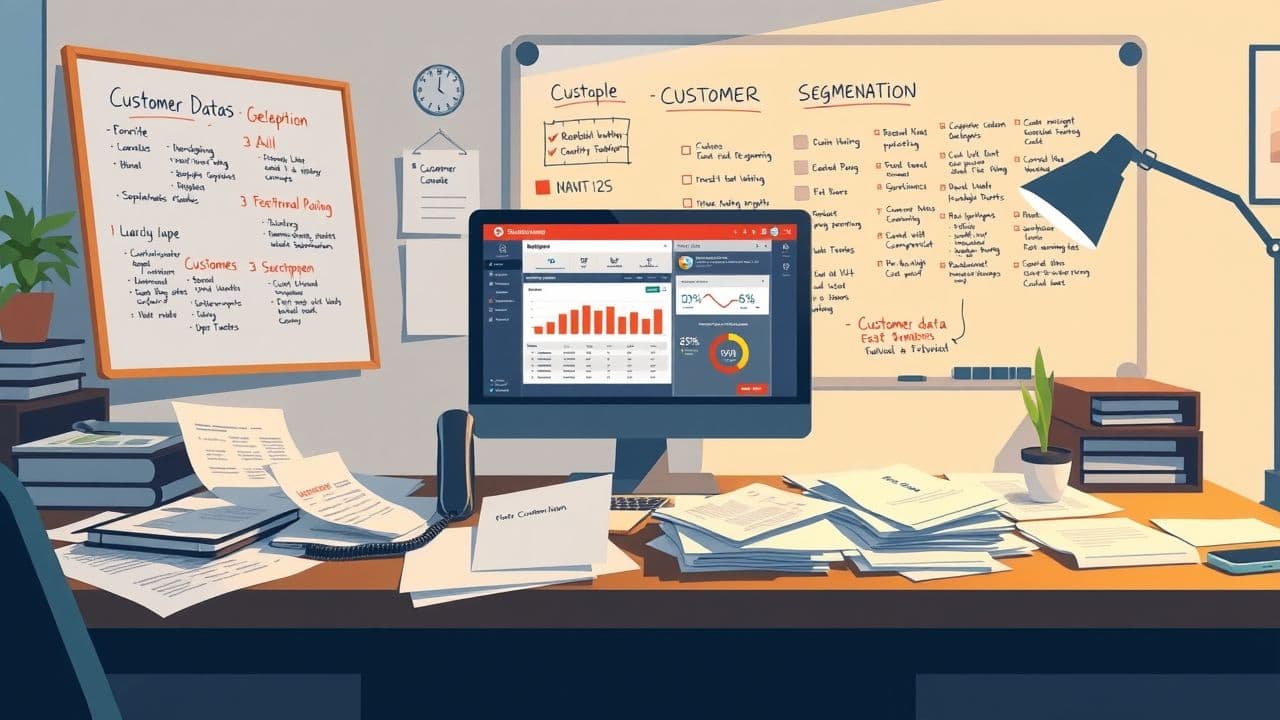 Een druk kantoor met rommelig bureau, computer en telefoon.