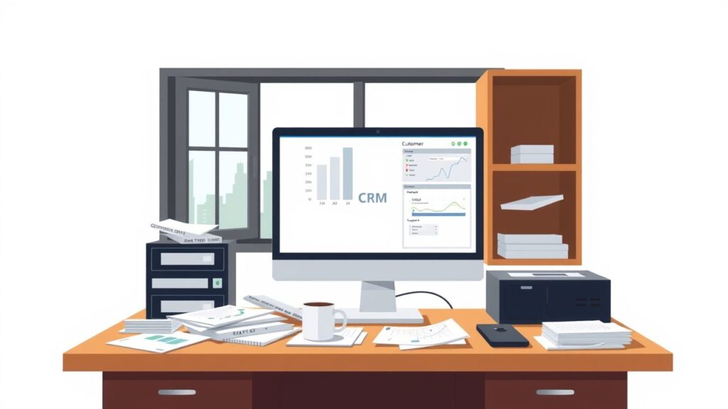 Een rommelig kantoorbureau met computer, klantengegevens en koffiekopje.