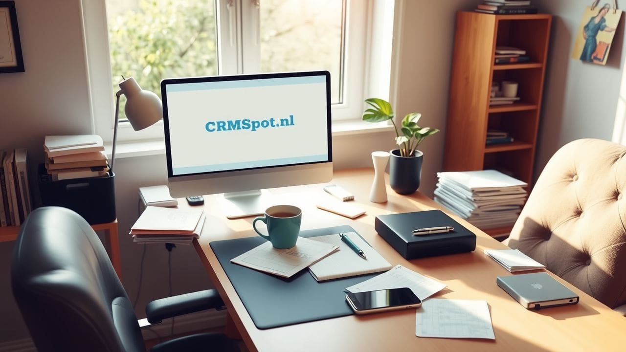 Een opgeruimd thuis kantoor met computer, koffie en notitieblok.