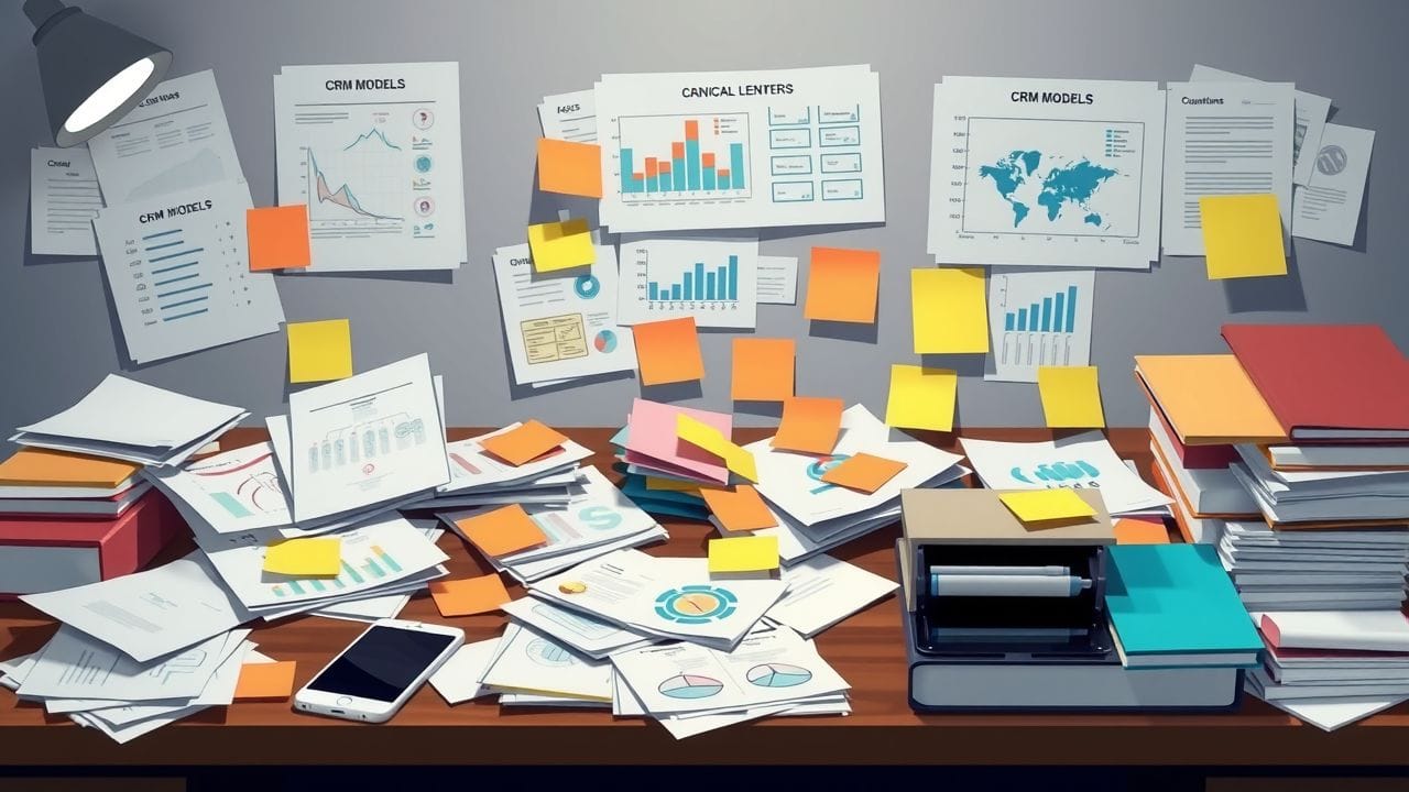 Een rommelig bureau met CRM-gerelateerde documenten en notities.
