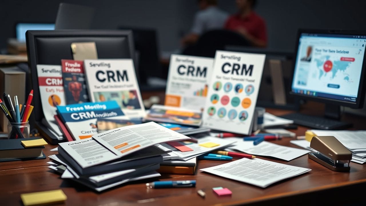 Een rommelig bureau met CRM-brochures en kantoorbenodigdheden.