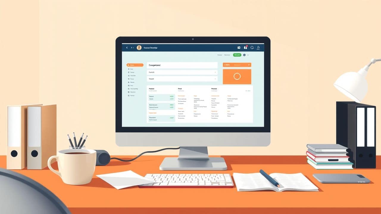 Een opgeruimd kantoorbureau met CRM-systeem op de computerscherm.