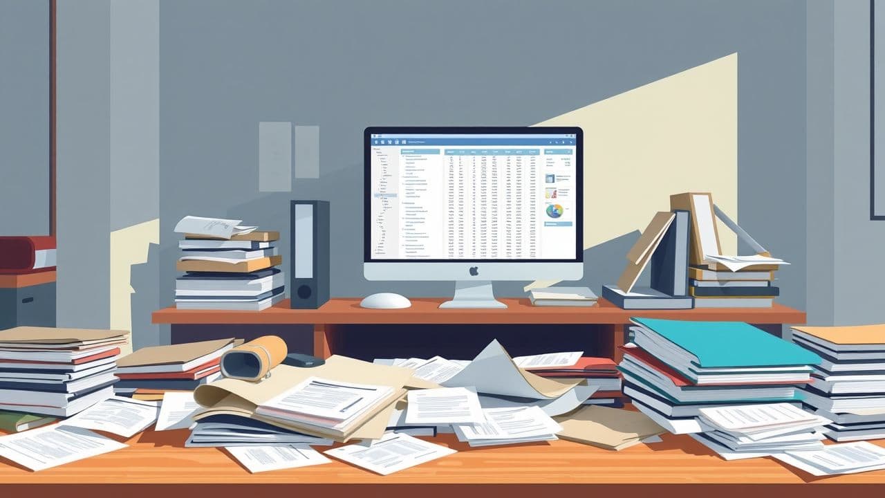 Een rommelig kantoor met ongeorganiseerde klantgegevens op een bureau.