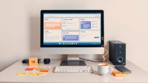 Een opgeruimd bureau met een computer en CRM-software interfaces, koffie en notities.